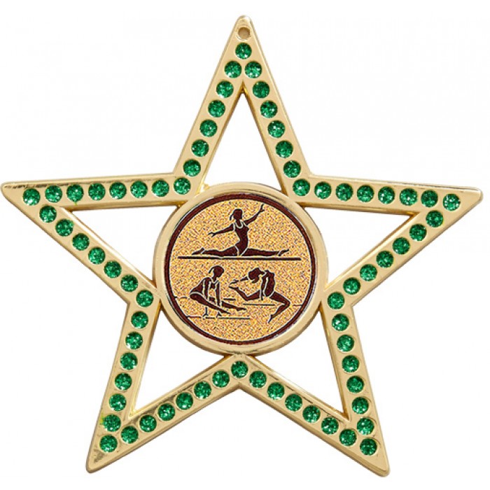 GREEN STAR GYMNASTICS MEDAL -  75MM  - GOLD, SILVER OR BRONZE